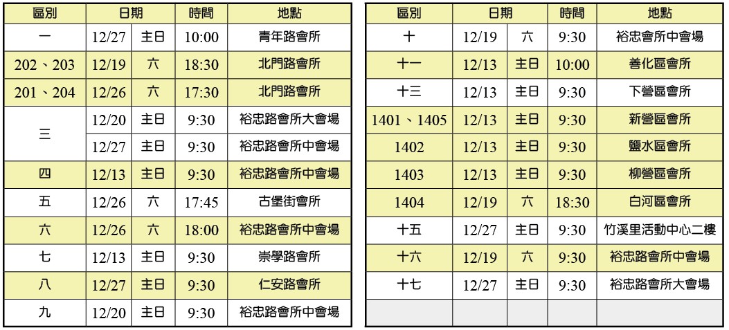 年終愛筵一覽表