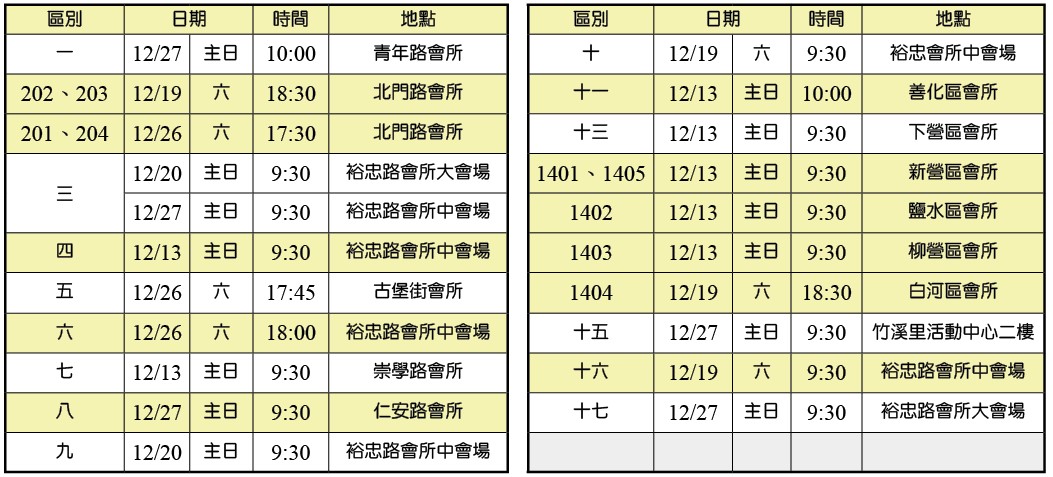 年終愛筵一覽表