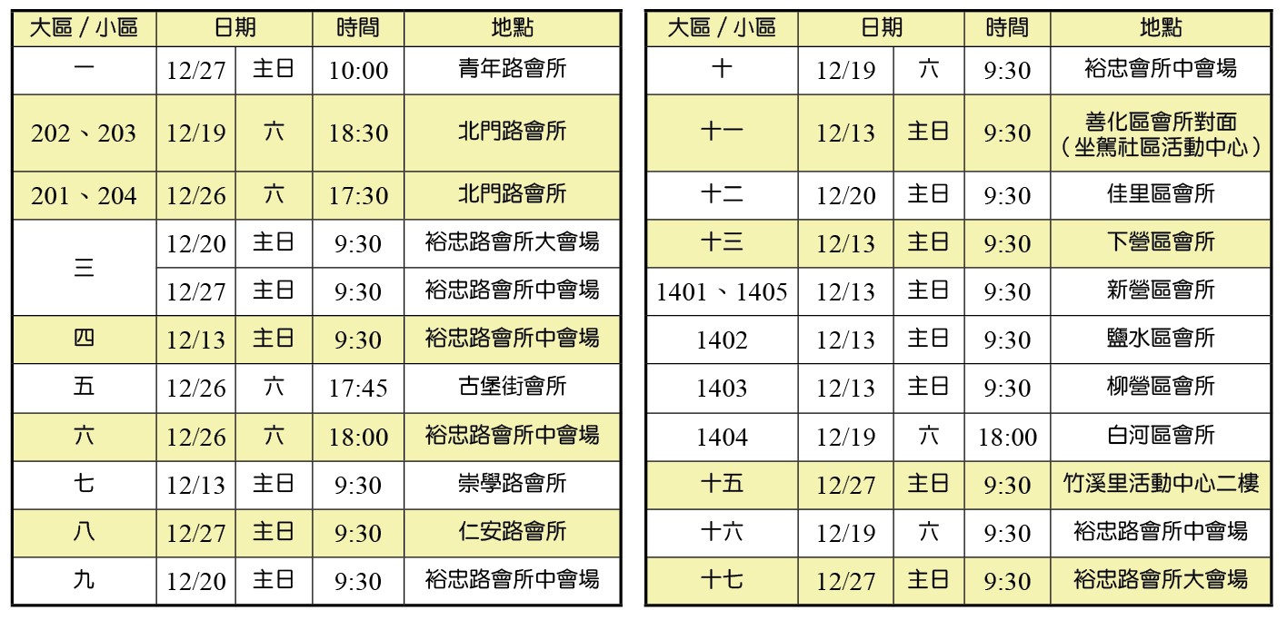 年終愛筵一覽表