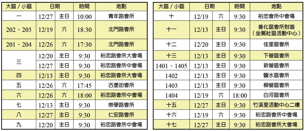 年終愛筵一覽表