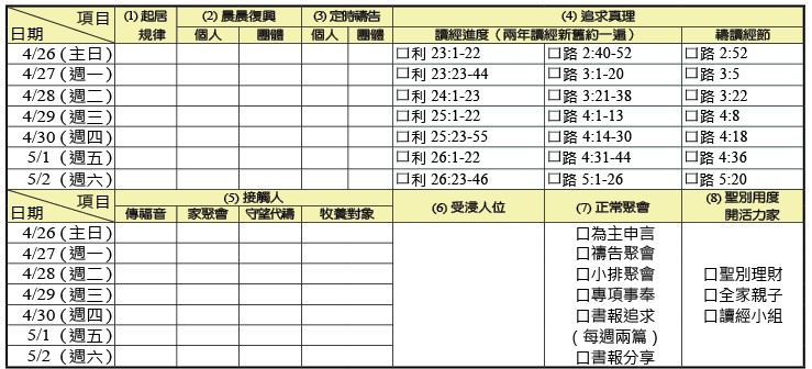 神人生活操練表