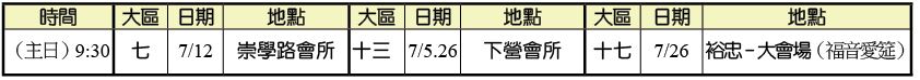 各大區集中主日時地