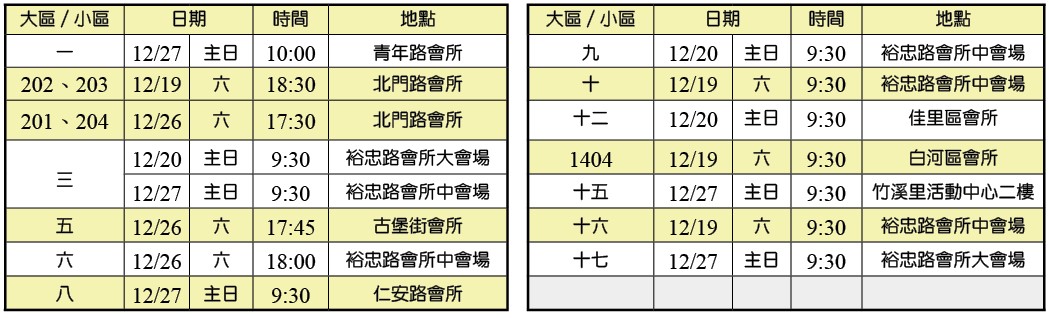 年終愛筵一覽表