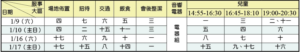 假日班事務服事表