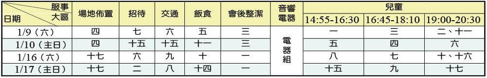 假日班事務服事表
