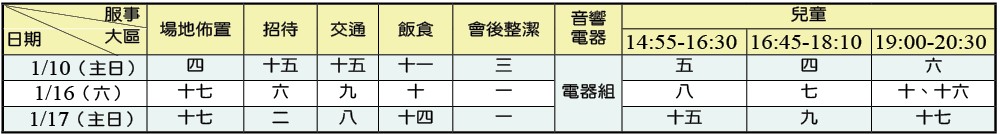 假日班事務服事表