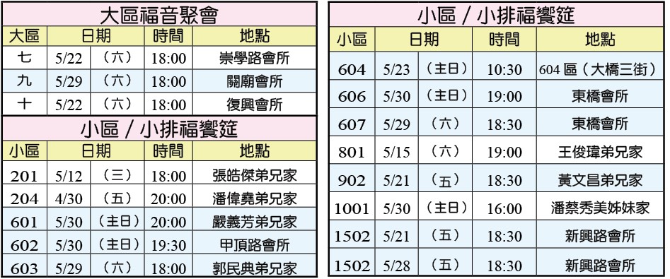 社區福音聚會時間地點一覽表