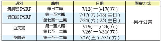 夏季結晶讀經訓練時地一覽表