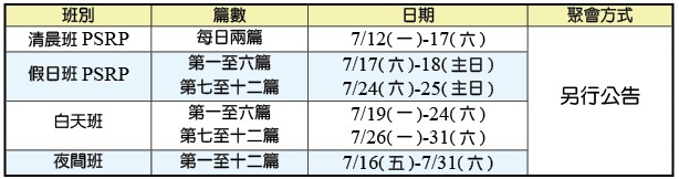 夏季結晶讀經訓練時地一覽表
