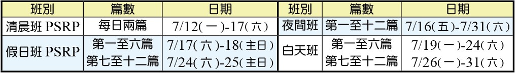 夏季結晶讀經訓練時地一覽表