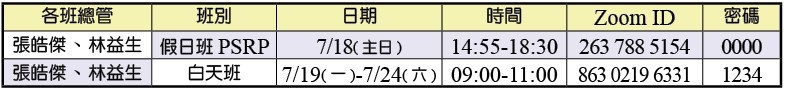 夏季結晶讀經訓練白天、假日開班時間一覽表
