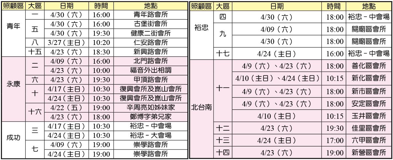 各大區福音聚會時地
