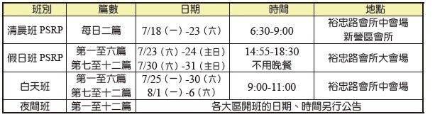 夏訓各種開班時地