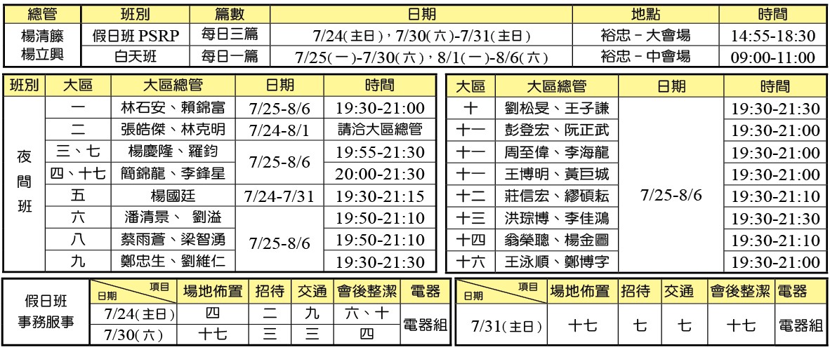 夏訓各班時地