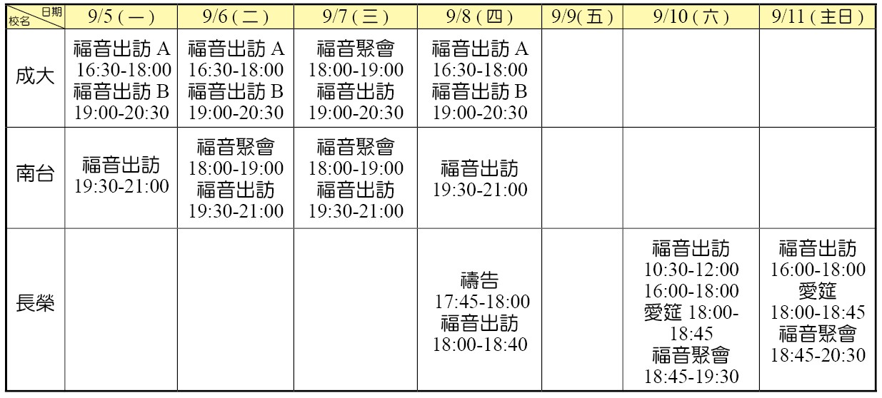 大專福音節期第一週時地