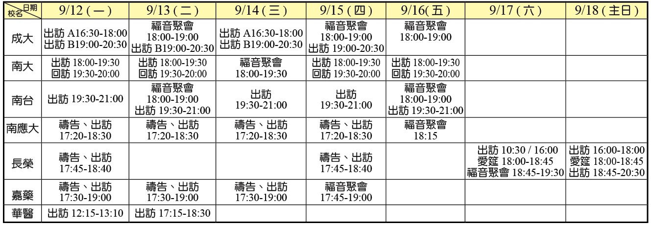 大專福音節期第二週行程