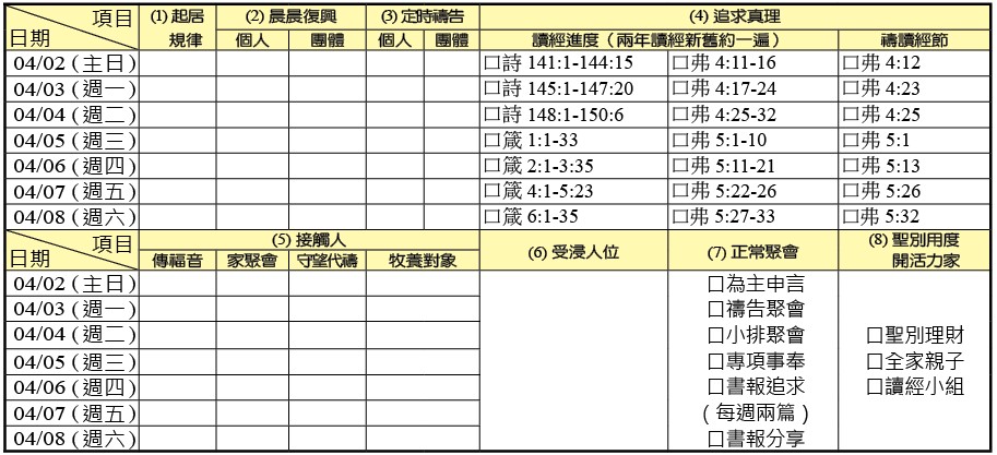 神人生活操練表