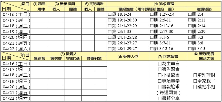 神人生活操練表