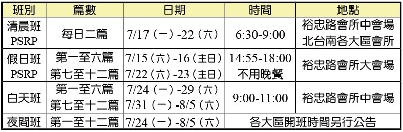 夏季結晶讀經訓練各場地時地
