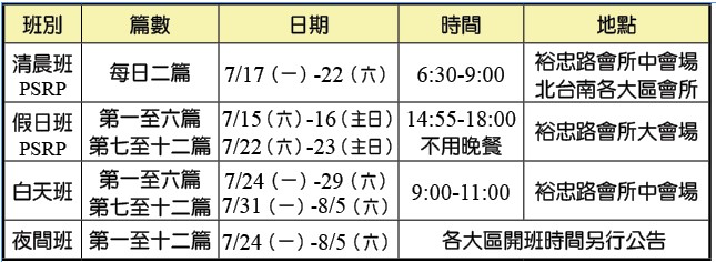 夏季結晶讀經訓練各場地時地