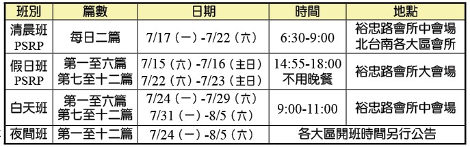 夏季結晶讀經訓練各場地時地