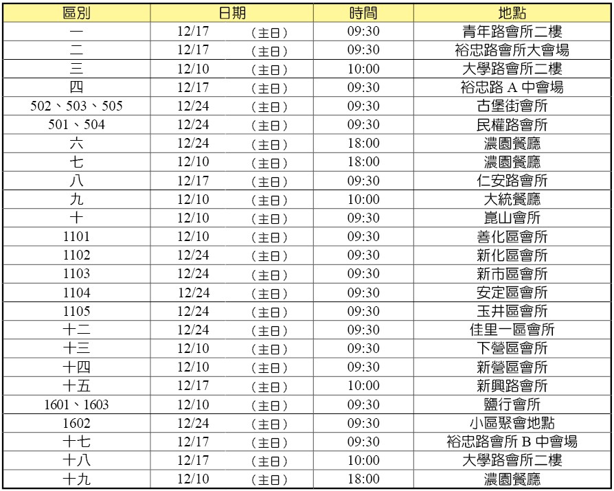 各大區年終愛筵時地