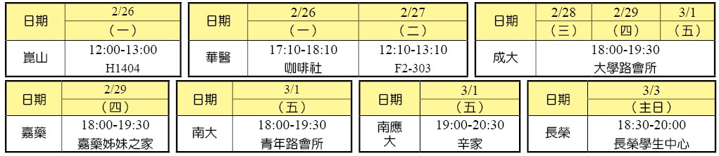 各大專第一週福音聚會時地