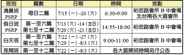 半年度錄影訓練各班時地